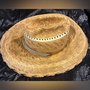 Tula Laurel Lattice Woven Straw Sun Cowboy Gardening Hat Chin Strap Wide Brim